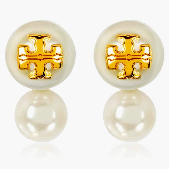 TORY BURCH Double Pearl LOGO Stud Earrings! Worn once! White with Gold Logo - Picture 1 of 5